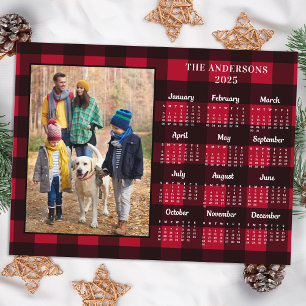 2026 Red Buffalo Plaid Personalized Photo Calendar Holiday Postcard