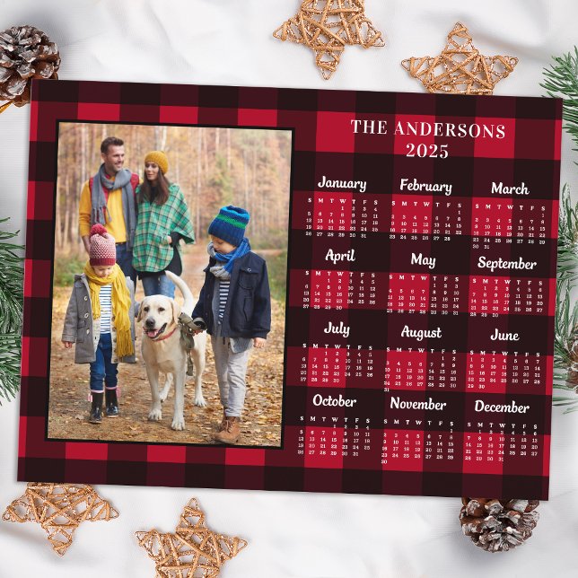 2026 Red Buffalo Plaid Personalized Photo Calendar Holiday Postcard (Creator Uploaded)
