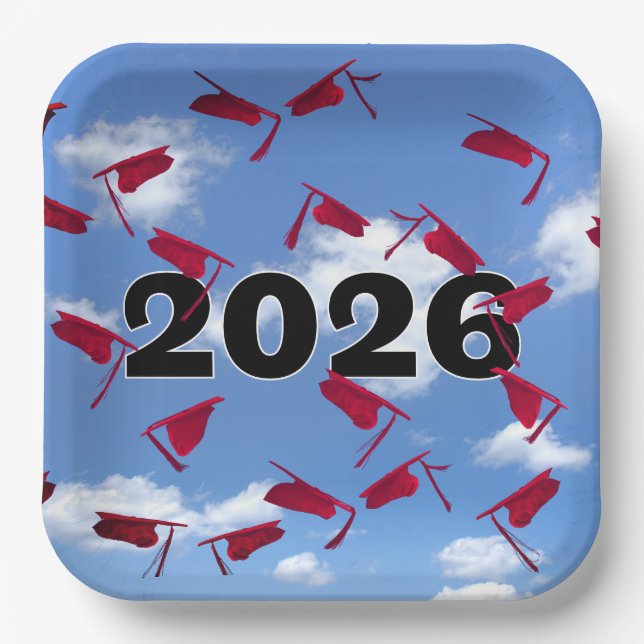 2026 Red Graduation Caps in Sky   Paper Plates (Front)