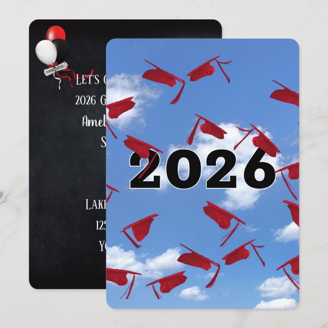2026 Red Graduation Hats in Sky  Invitation (Front/Back)