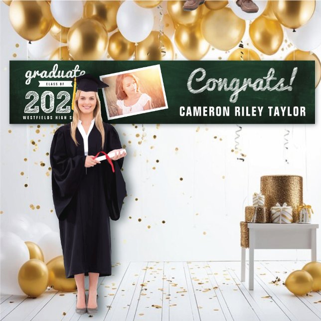 2026 Retro Chalkboard Bold Sketch Graduation Photo Banner (20YY Green Chalkboard & White Sketch 1 Photo Graduation Party Banner @ www.zazzle.com/color_therapy)