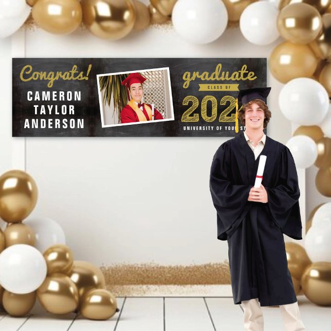 2026 Retro Chalkboard Sketch Congrats Grad Photo Banner (20YY Black Chalkboard & Gold Sketch One Photo Graduation Party Banner @ www.zazzle.com/color_therapy)