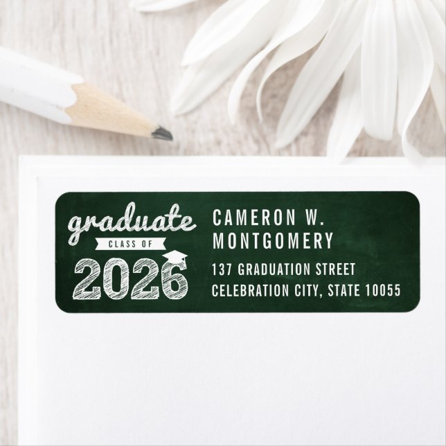 2026 Retro Green Chalkboard Sketch Grad Address Label (Insitu)