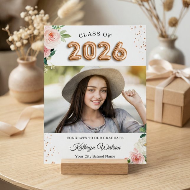 2026 Rose Gold Balloon Floral Photo Graduation Announcement (Creator Uploaded)