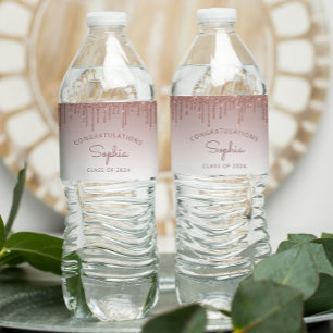 2026 Rose Gold Glitter Drip Graduation Party Water Bottle Label
