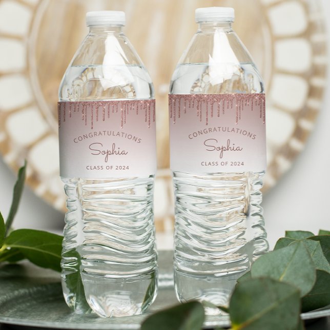 2026 Rose Gold Glitter Drip Graduation Party Water Bottle Label (Creator Uploaded)
