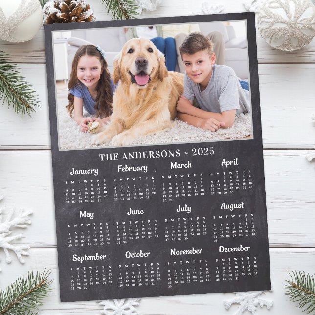 2026 Rustic Chalkboard Family Dog Photo Calendar Holiday Postcard (Creator Uploaded)