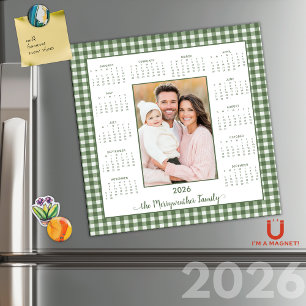 2026 Rustic Green Gingham Photo Magnetic Calendar