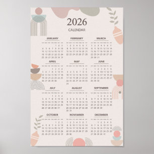 2026 Scandinavian Calendar Boho Aesthetic Beige Poster