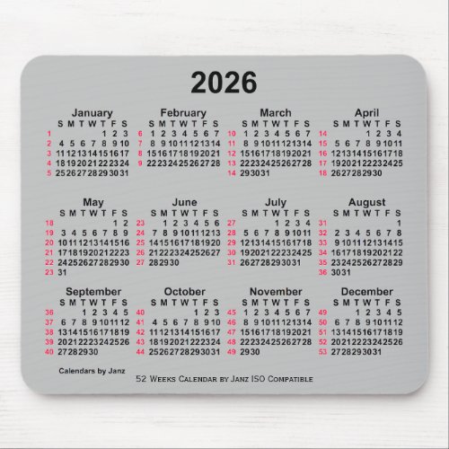 2026 Silver 52 Weeks ISO Calendar by Janz Mouse Pad