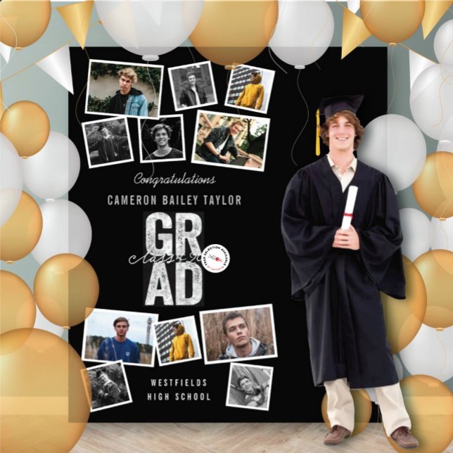 2026 Silver Congrats GRAD Party 11 Photo Backdrop (2025 Silver GRAD Graduation Party 11 Photo Backdrop Tapestry | fatfatin @ zazzle.com/color_therapy)