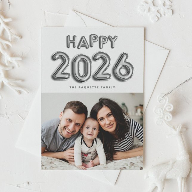 2026 Silver Foil Mylar Balloons New Year Photo Holiday Card (Customizable photo Happy New Year card featuring festive silver foil mylar balloons.)