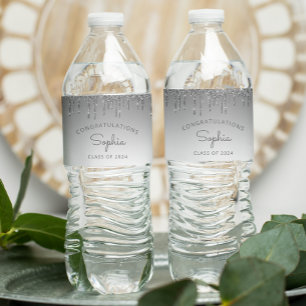 2026 Silver Glitter Drip Graduation Party Water Bottle Label