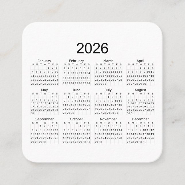2026 Simple Minimalist Calendar Square Business Card (Front)