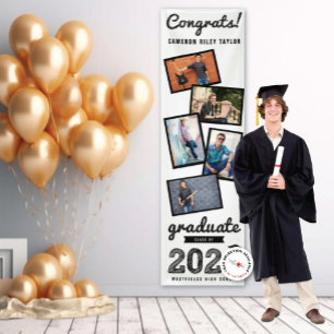 2026 Sketch 5 Photo Black & White Graduation Party Banner
