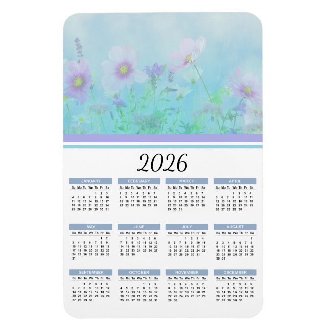 2026 Soft Blue Watercolor Floral Calendar Magnet (Vertical)