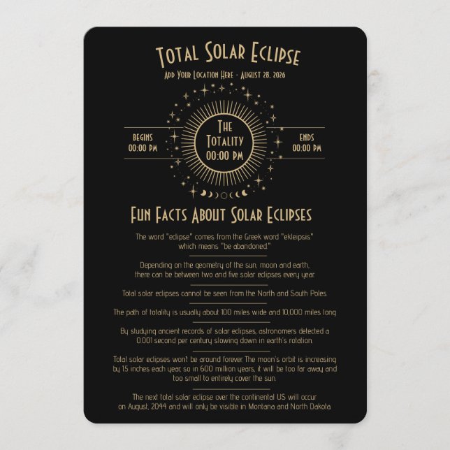2026 Solar Eclipse Celestial Stars Black Fun Facts Invitation (Front)