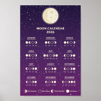 2026 Space Lunar Cycles Galaxy Moon Phase Calendar Poster