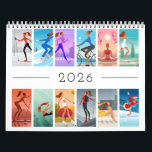 2026 Sport Fitness Young Woman Girl Colorful Calendar<br><div class="desc">The theme of this Year 2026 wall calendar is Sport and Fitness. Twelve colorful illustrations (one for each month) feature beautiful young woman practicing different kinds of sports: skiing, jogging, snowboarding, paddle boarding, diving, figure skating, skateboarding, and also yoga. The girl does it in the beautiful nature surroundings: lake, mountains,...</div>