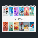 2026 Sport Fitness Young Woman Girl Colorful Calendar<br><div class="desc">The theme of this Year 2026 Wall Calendar is Sport and Fitness. Twelve colorful illustrations (one for each month) feature beautiful young woman practicing different kinds of sports: skiing, jogging, snowboarding, paddle boarding, diving, figure skating, skateboarding, and also yoga. The girl does it in the beautiful nature surroundings: lake, mountains,...</div>