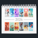 2026 Sport Fitness Young Woman Girl Colorful Calendar<br><div class="desc">The theme of this Year 2026 wall calendar is Sport and Fitness. Twelve colorful illustrations (one for each month) feature beautiful young woman practicing different kinds of sports: skiing, jogging, snowboarding, paddle boarding, diving, figure skating, skateboarding, and also yoga. The girl does it in the beautiful nature surroundings: lake, mountains,...</div>