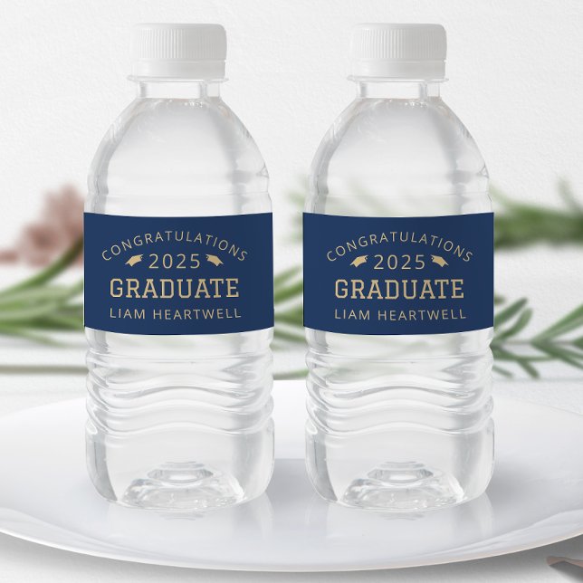 2026 Sporty Navy Blue Gold Graduation Water Bottle Label (Creator Uploaded)
