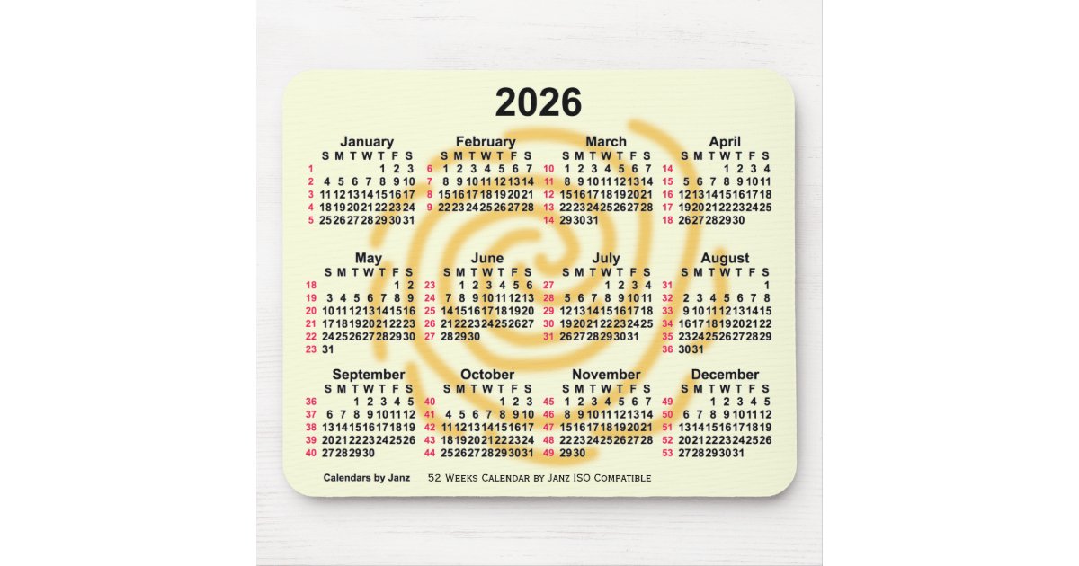 2026 Sunny Days 52 Weeks ISO Calendar by Janz Mouse Pad Zazzle