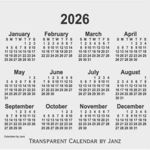 2026 Transparent Calendar by Janz Sticker Zazzle