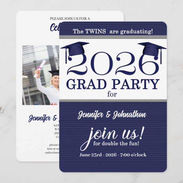 2026 Twin Graduate Blue Pinstripe Photo Graduation Invitation (Front/Back)
