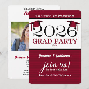 2026 Twin Graduate Red Pinstripe Photo Graduation Invitation