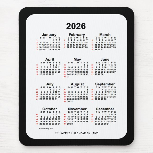 2026 Two Tone Black 52 Week Calendar by Janz Mouse Pad (Front)