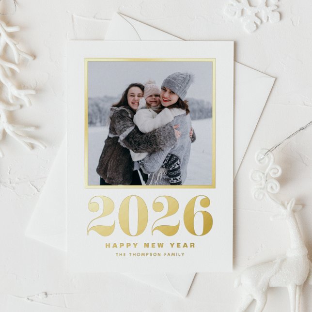 2026 Typography Happy New Year Photo Foil Holiday Card (Welcome 2026 with this gold foil New Year photo card featuring retro bold typography.)