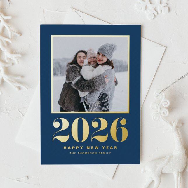 2026 Typography Navy Blue Happy New Year Photo Foil Holiday Card (Welcome 2026 with this gold foil New Year photo card featuring a navy blue background.)