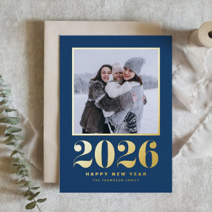 2026 Typography Navy Blue Happy New Year Photo Foil Holiday Card