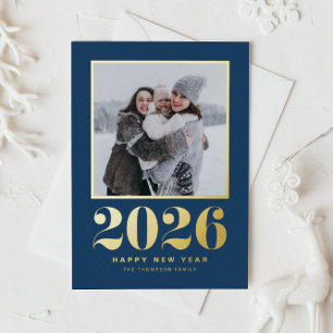 2026 Typography Navy Blue Happy New Year Photo Foil Holiday Postcard