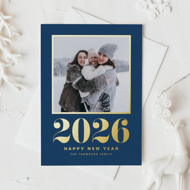 2026 Typography Navy Blue Happy New Year Photo Foil Holiday Postcard (Welcome 2026 with this gold foil New Year photo postcard featuring a navy blue background.)