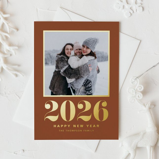 2026 Typography Terracotta Happy New Year Photo Foil Holiday Card (Welcome 2026 with this gold foil New Year photo card featuring a terracotta background.)
