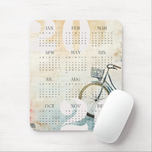 2026 Vintage Watercolor Bicycle Floral Calendar Mouse Pad