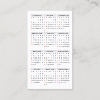2026 Wallet Size Calendar SUNDAY Start Business Ca Business Card