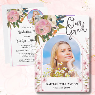2026 Watercolor Pink Floral Photo Graduation Party Invitation