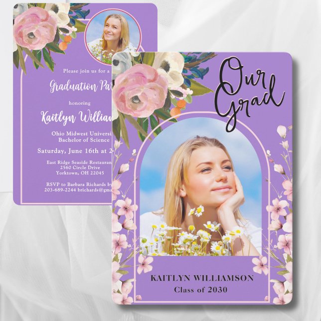 2026 Watercolor Pink Floral Photo Graduation Party Invitation (Creator Uploaded)