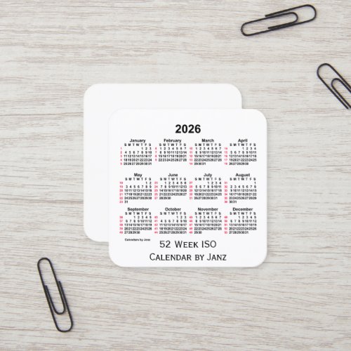 2026 White 52 Week ISO Calendar by Janz Square Business Card