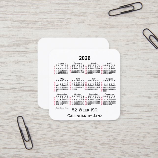 2026 White 52 Week ISO Calendar by Janz Square Business Card (Front/Back In Situ)