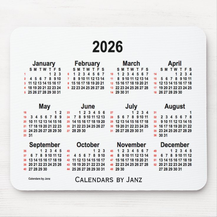 2026 White 52 Weeks Calendar by Janz Mouse Pad | Zazzle