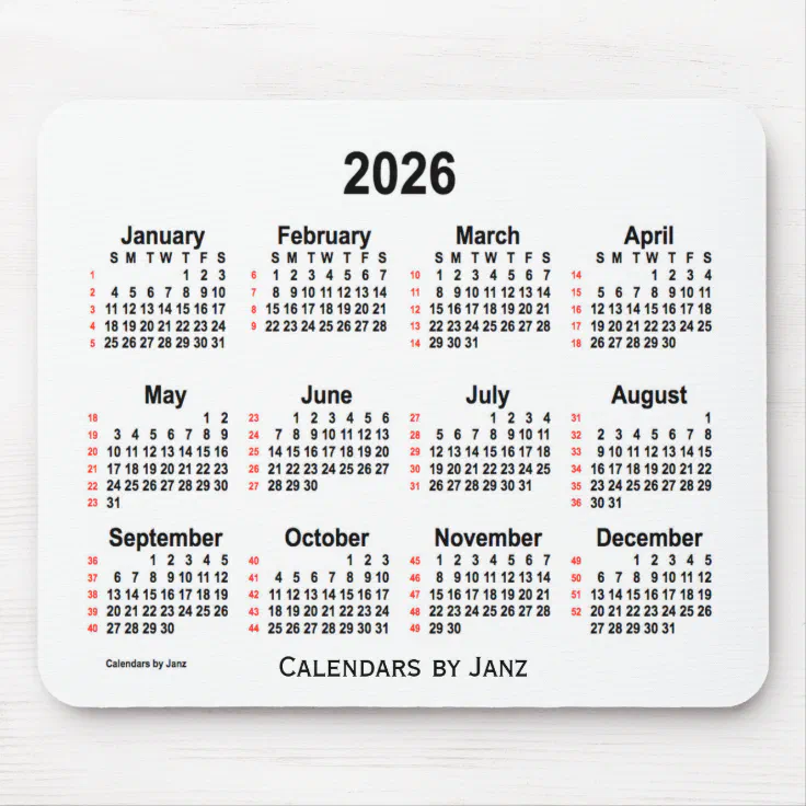 2026 White 52 Weeks Calendar by Janz Mouse Pad Zazzle