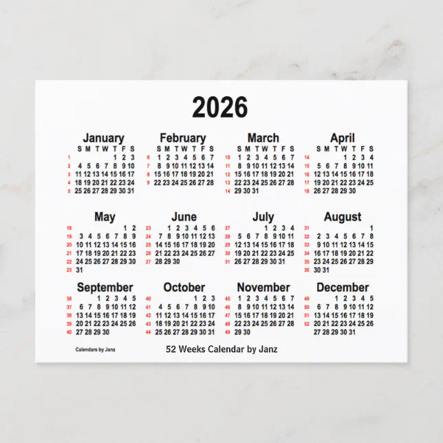 2026 White 52 Weeks Calendar by Janz Postcard | Zazzle