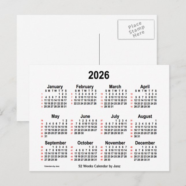 2026 White 52 Weeks Calendar by Janz Postcard | Zazzle