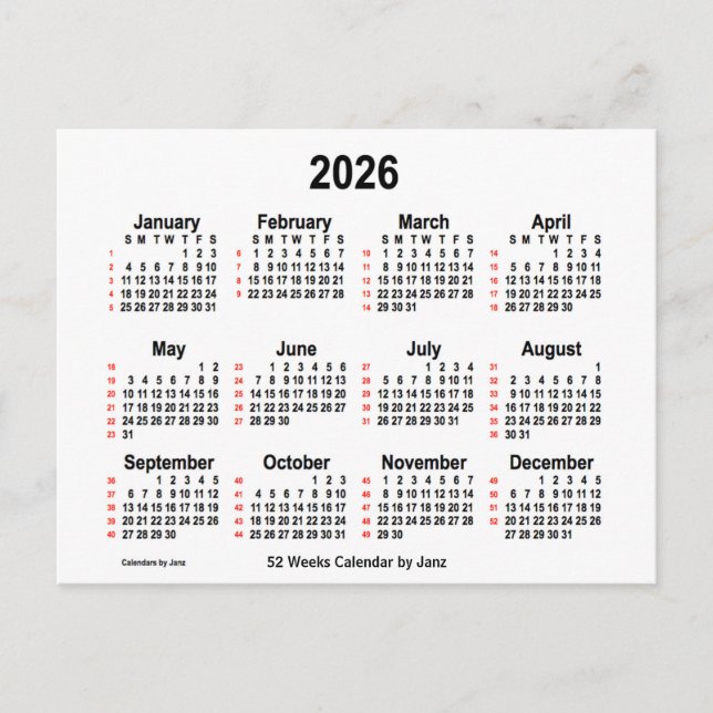 2026 White 52 Weeks Calendar by Janz Postcard (Front)