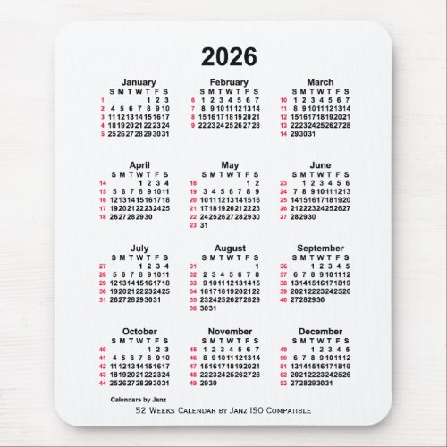 2026 White 52 Weeks ISO Calendar by Janz Mouse Pad