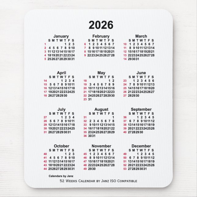 2026 White 52 Weeks ISO Calendar by Janz Mouse Pad (Front)